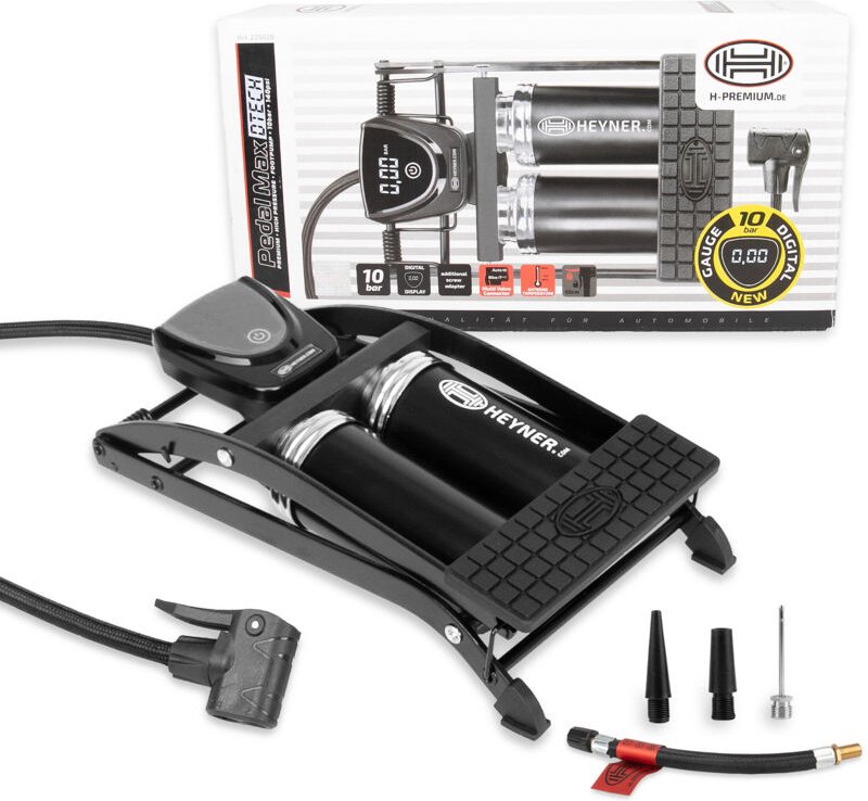 HEYNER® Luftpumpe Fußpumpe Doppelzylinder digitales Manometer + Tasche alle Ventile Auto Motorrad Fahrrad Ball tragbar