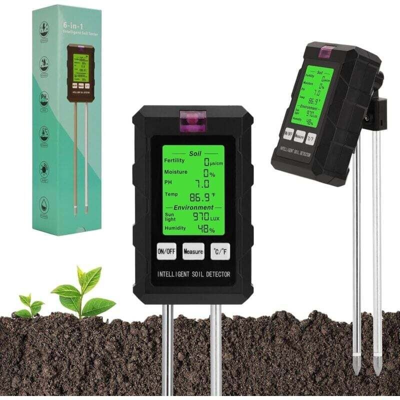 Testeur de Sol 6 en 1 Multifonction Mesure Fertilité Humidité pH Température Lumière Écran Éclairé Jardinage Plantes