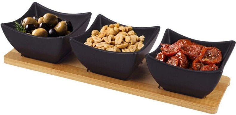3er set schwarze porzellanschalen auf bambustablett zum servieren