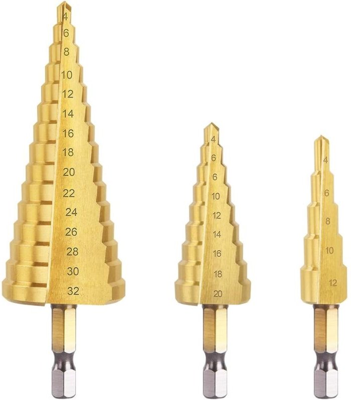 3-teiliger Metall-Stufenbohrer, 4–12/20/32 mm, dreieckiger konischer Metall-Stufenbohrer aus Titan, Sechskantschaft-Stuf...
