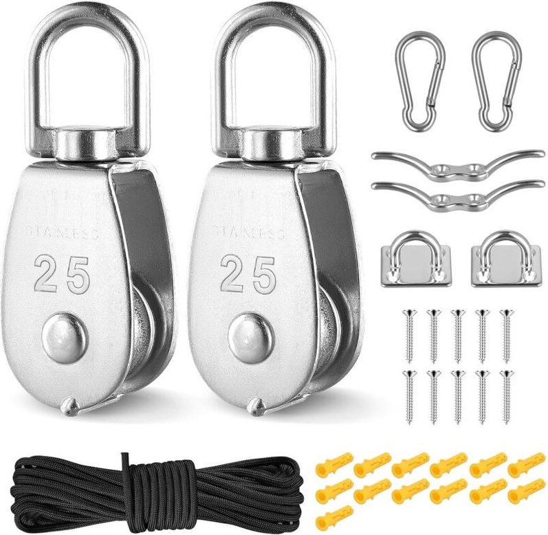 Kranrollenblock M25, drehbarer Rollenblock aus Edelstahl 304, Einzelrollensystem mit 20 m / 4 mm Nylonseil – Tragfähigke...