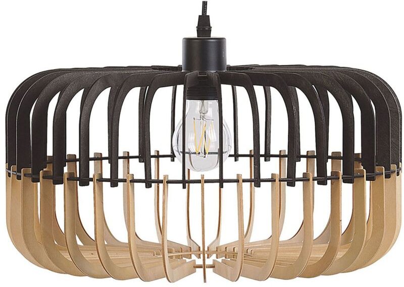 Hängeleuchte heller Holzfarbton/Schwarz MDF-Platte/ Metall mit Schirm in Trommelform skandinavischer Stil für Kücheninse...