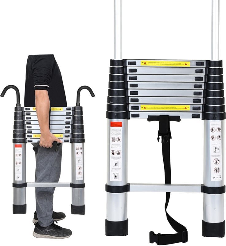 Thumbnail - Teleskopleiter Mit Haken Aluminium Stehleiter Silber Klappleiter 2.6m - Swanew