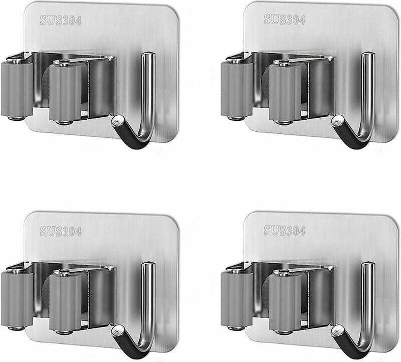 Selbstklebender Besenhalter aus Edelstahl zur Wandmontage mit Haken für Küche, Garten, Balkon, Garage, Grau, 4 Stück