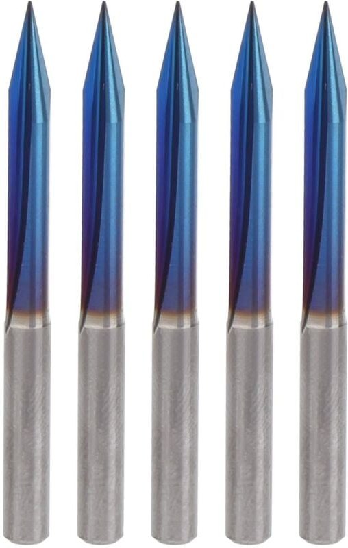 5-teiliges Set bestehend aus 2 V-Nutfräsern mit 2 Schneiden, 2 V-Nutfräsern mit gerader Nut, 0,3-mm-Spitze, blau, 4-mm-S...