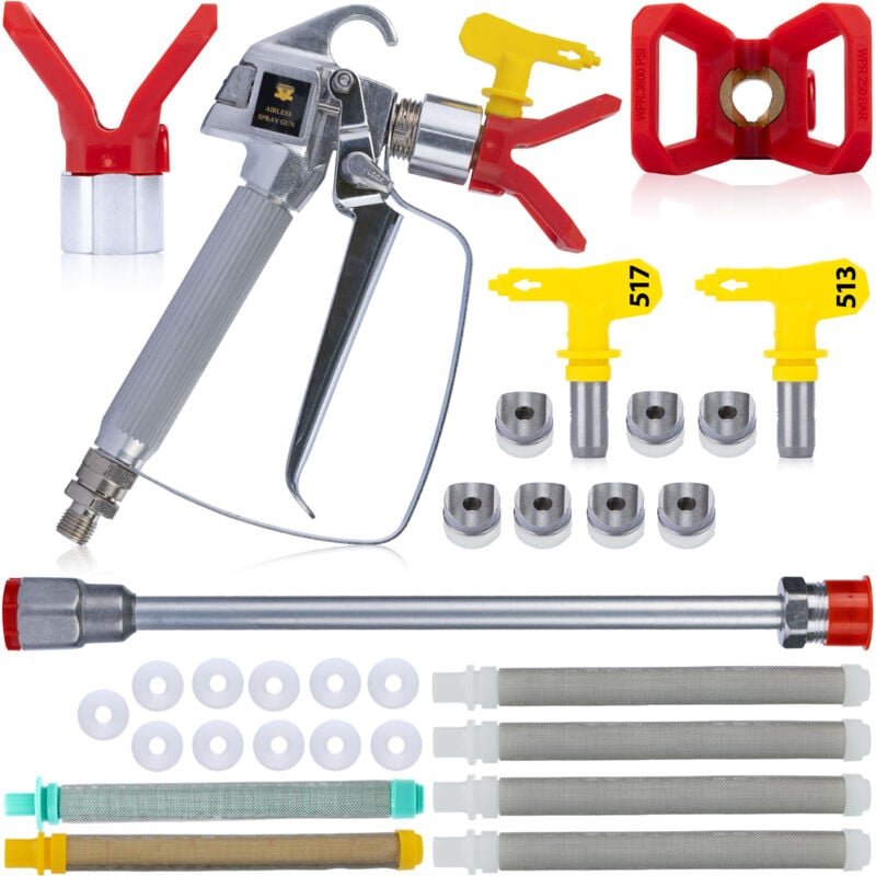 Rosfix Set – Farbspritzpistole inkl. 2x Sprühdüse 517 & 513 max Druck 248 bar, Gewinde 1/4", 7/8" für Graco, Wagner Malz...