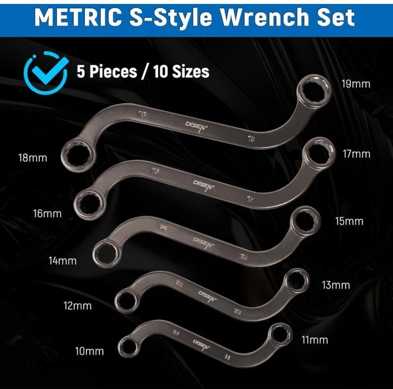 5-teiliger metrischer S-förmiger Steckschlüsselsatz, 10, 11, 12, 13, 14, 15, 16, 17, 18, 19 mm, 12-kant, CR-V-Stahl, ver...