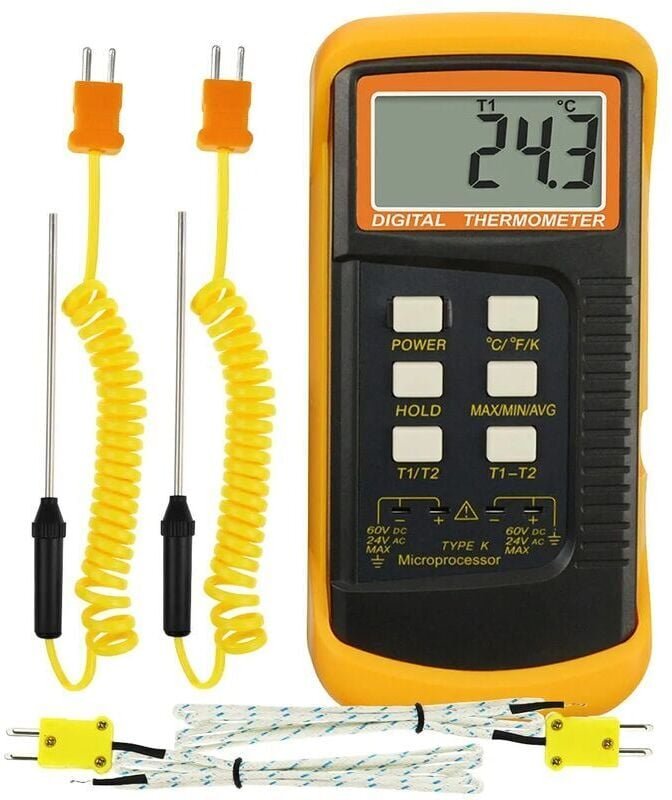 Digitales Thermoelement-Thermometer Typ K (-50–1300 °C) mit zwei Kanälen, 4 Thermoelementen (Draht und Edelstahl), hochp...