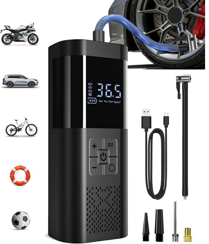 Thumbnail - Tragbarer Luftkompressor, kabelloser Reifenfüller mit Manometer, Schnellaufpumpfunktion, automatische Abschaltung, für A...