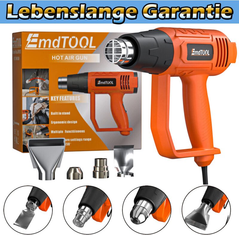 Dayplus - Heissluftfön Heißluftpistole Heissluftgebläse inkl. 4tlg Zubehör 2000Watt 600 °c