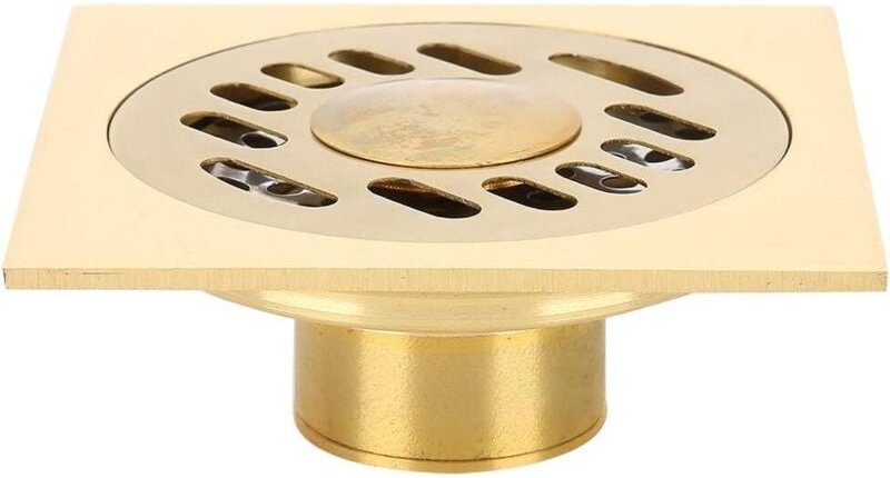 4x4 Quadratisches Kupfer-Bodenablaufsieb, Gold, für Haushaltsbadezimmerdusche, großkalibriger Haarfänger, geruchsdichter...