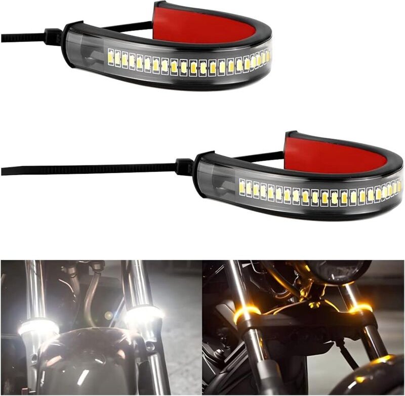 2 Stück LED-Blinker für Motorräder, flexible zweifarbige Gabelblinker in Weiß und Gelb, verstellbares wasserdichtes Tagf...