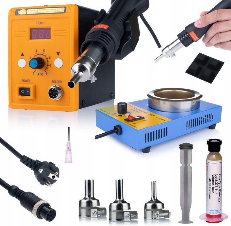 Rosfix Set 858D Heißluft-Lötstation + 280W Löttiegel + RMA-223 Flux – 700W, 100–550 °C LED-Anzeige, 3 Düsen ESD-Schutz F...