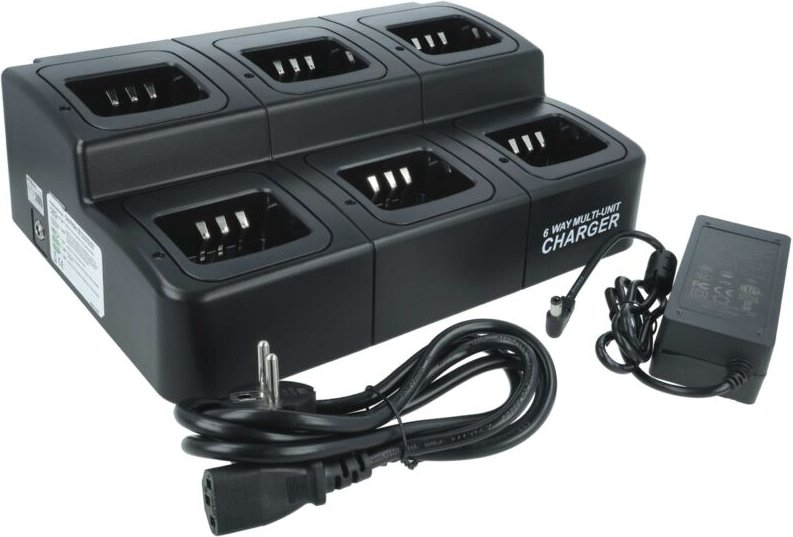 6-fach Ladegerät kompatibel mit Kenwood KNB-45, KNB-45L Funkgerät-Akkus - Ladestation + Stromkabel, 9 - 12 v, 6 a - Vhbw