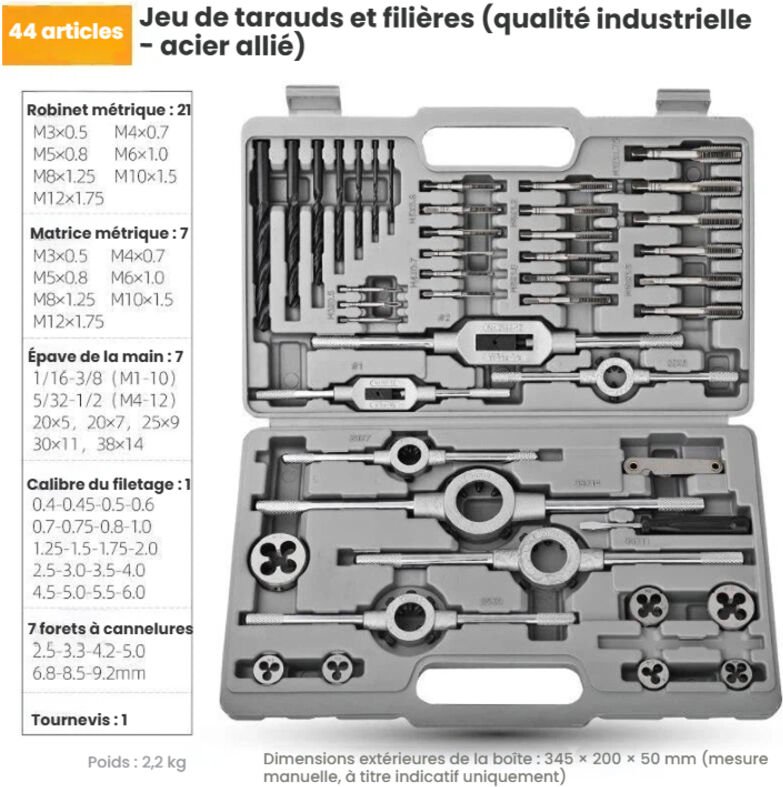 44-teiliger Gewindebohrer- und Schneideisensatz M3–M12, Fein- und Grobgewinde, GCr15-Legierungsstahl, Transportkoffer – ...