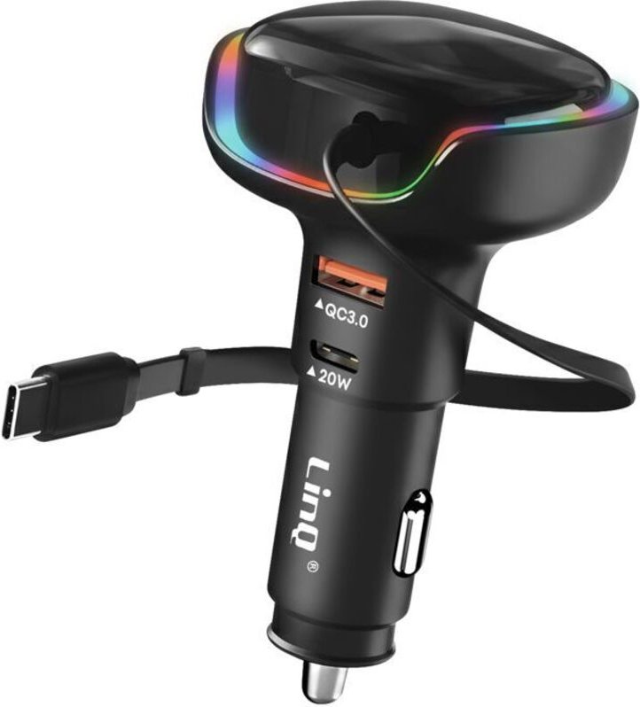 USB-C 20W Autoladegerät und USB QC 3.0 mit LED-Ring und 30W Type-C Kabel LinQ Schwarz