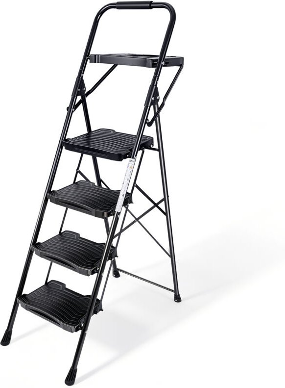Sekey Klappbare Trittleiter 4 Stufen mit breiter Werkzeugablage, extra breite Stufen, Stahlleiter bis 150 kg