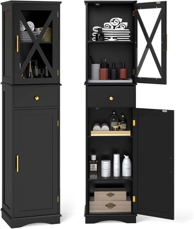 Hoher badezimmerschrank mit verstellbaren regalen schwarz