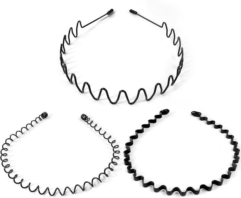 Schwarzes Haarband mit drei Metallbändern, wellenförmigem Design, ideal für Outdoor-Sportarten, Yoga und Make-up. Rutsch...