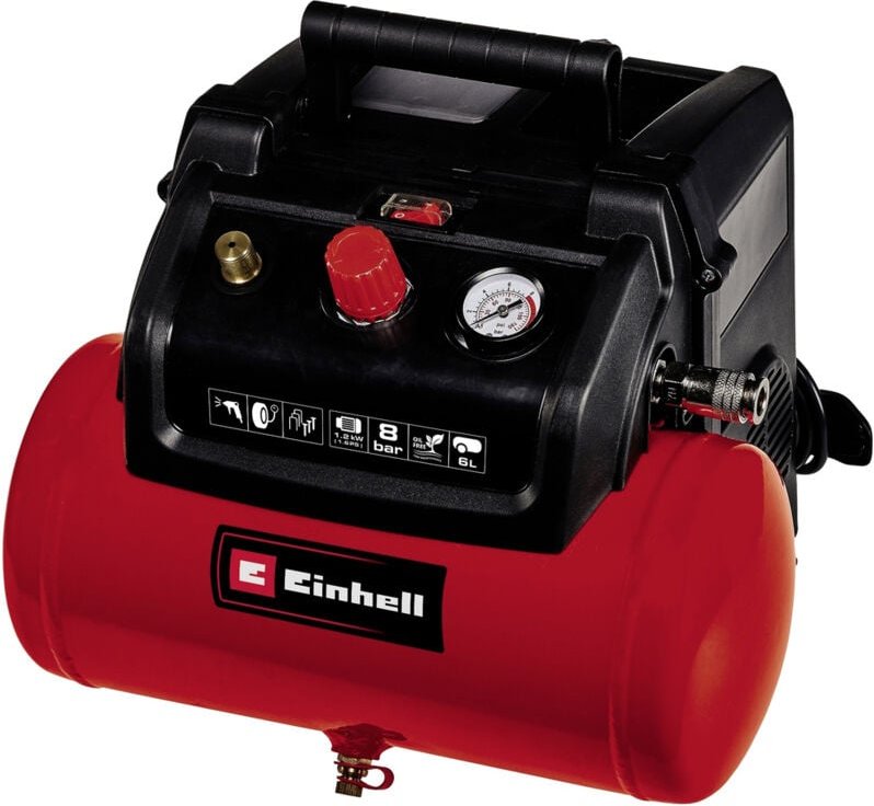Einhell - Kompressor tc-ac 190/6/8 (1,2 kW, max. 8 bar, 190 L/min Ansaugleistung, 6 Liter Tank, ölfreie Pumpe, Manometer...