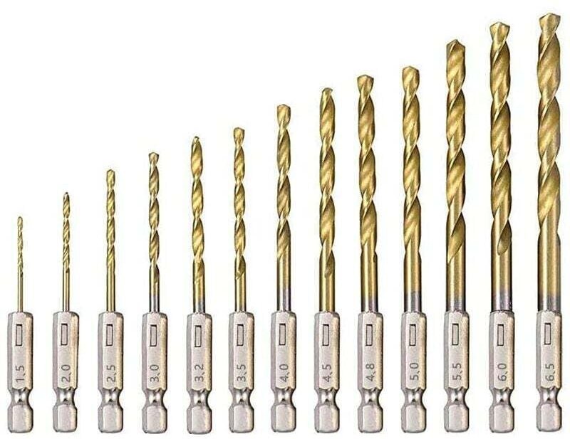 13-teiliges HSS-Spiralbohrer-Set, Hochgeschwindigkeitsstahl-Sechskantbohrer mit Titanbeschichtung, 1,5 mm – 6,5 mm, zum ...