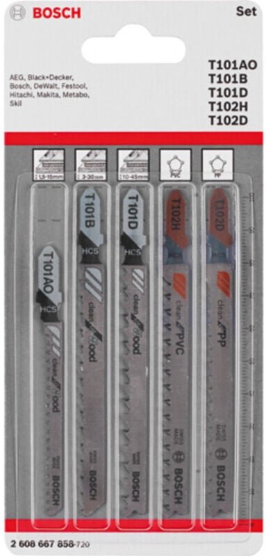 5-tlg. Stichsägeblatt-Set Wood and Plastics, T-Schaft - Bosch