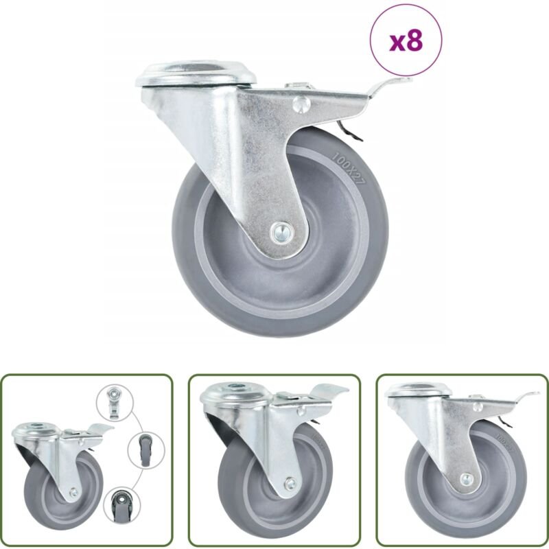 Lenkrolle mit Bremsen - 8 Stk. Lenkrollen mit Rückenloch 100 mm