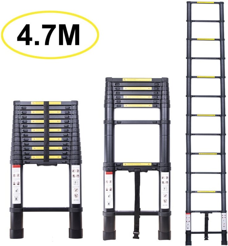 Teleskopleiter 4.7m, Aluminium Ausziehbare Leiter, MMehrzweckleiter Klappleiter Belastbarkeit 150 kg, Ganz Schwarz
