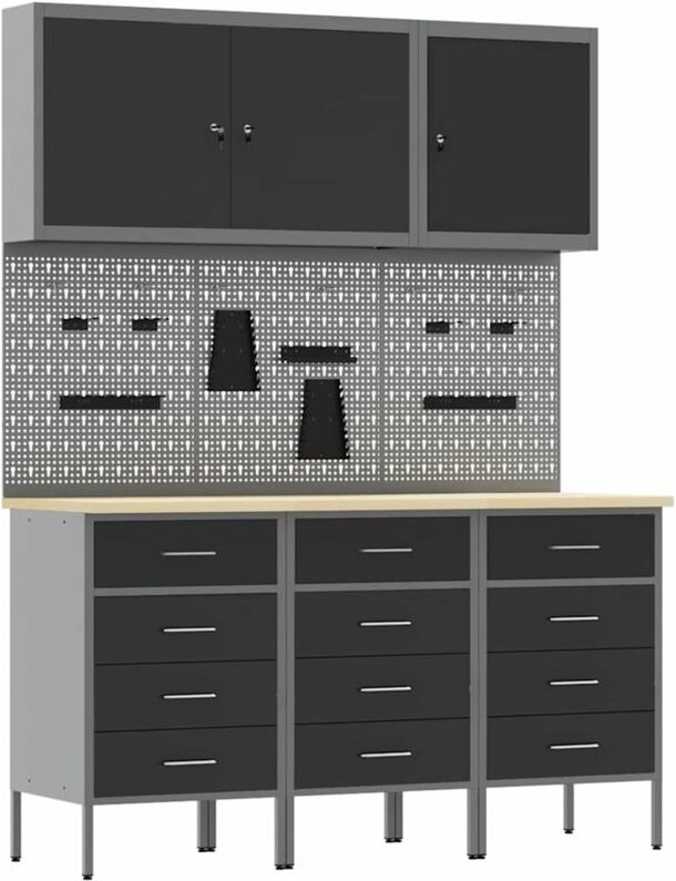 Vidaxl - Werkbank mit Schubladen 8 pcs Schwarz 150 x 55 x 200 cm Stahl