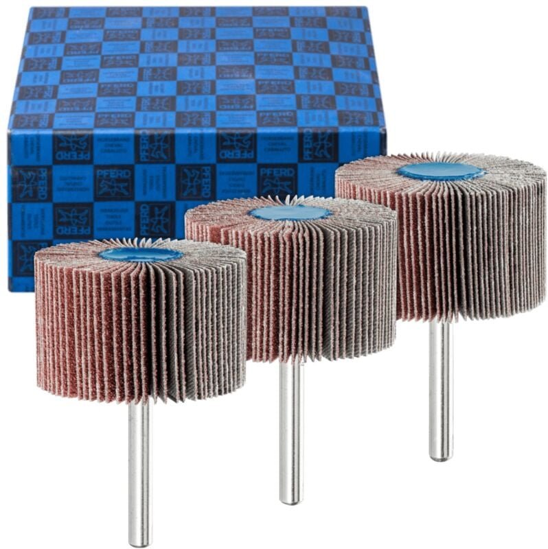 Pferd - Fächerschleifer-Set 3-tlg. Korund ø 50x30mm Schaft-Ø 6 mm A60, 80,120 für Feinschliff und Finish