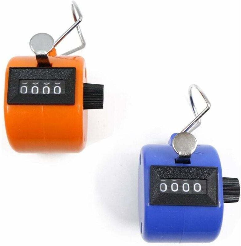 4-stelliger Handzähler, 2er-Set, mechanischer Zähler ohne Batterie, orange und blau, 4,3 cm x 4,3 cm x 5,2 cm, 29 g,