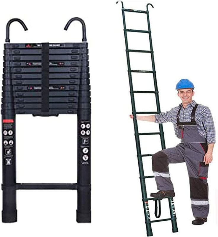 Teleskopleiter mit Haken, 3,8m Alu Klappleiter Aluminium Leiter, Ausziehbar Schiebeleiter, Rutschfester Aluleiter Mehrzw...