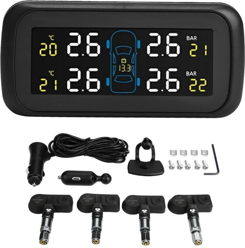 Reifendrucksensor, Reifendruckkontrollsystem (TPMS) für Autos mit LCD-Display, Zigarettenanzünder-USB-Anschluss und 4 in...