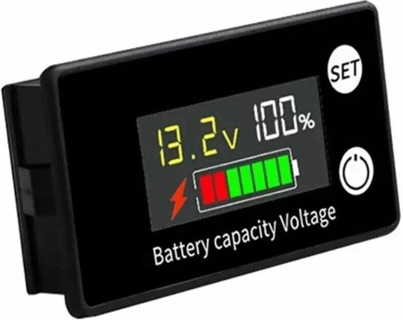 Gleichstrom-Voltmeter (8–100 V) mit Kapazitätsanzeige und Leistungsmesser für 12-V- und 24-V-Lithium-Bleiakkumulatoren (...