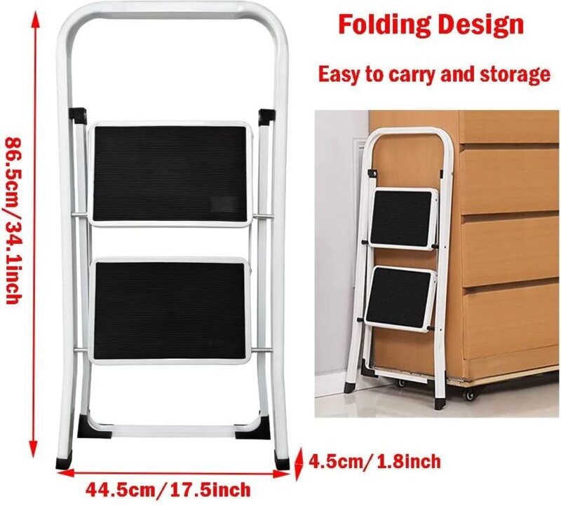 Klappbare 2-stufige Trittleiter, Küchenleiter, zusammenklappbare Stehleiter, vielseitig einsetzbare Metallleiter mit bre...
