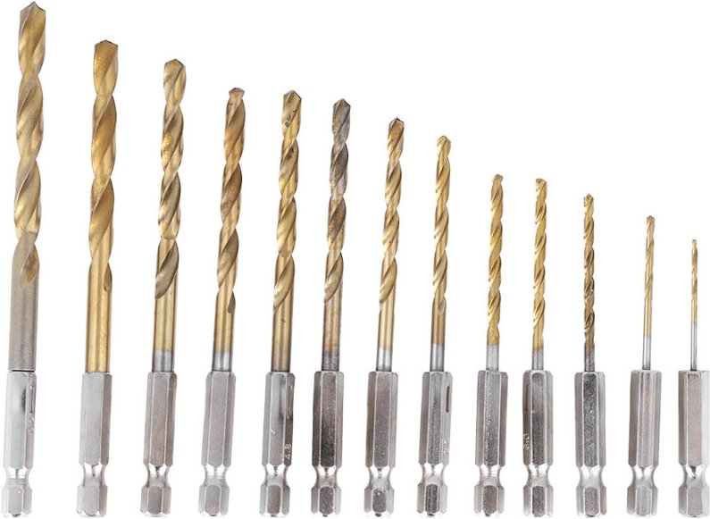 Set mit 13 titanbeschichteten HSS-Spiralbohrern, von 1,5 bis 6,5 mm, mit Sechskantgriff