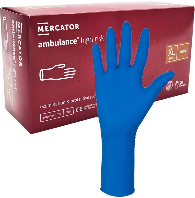 Mercator Rettungswagen-Hochrisiko-Latexhandschuhe, blau, Größe XL, 50 Stück