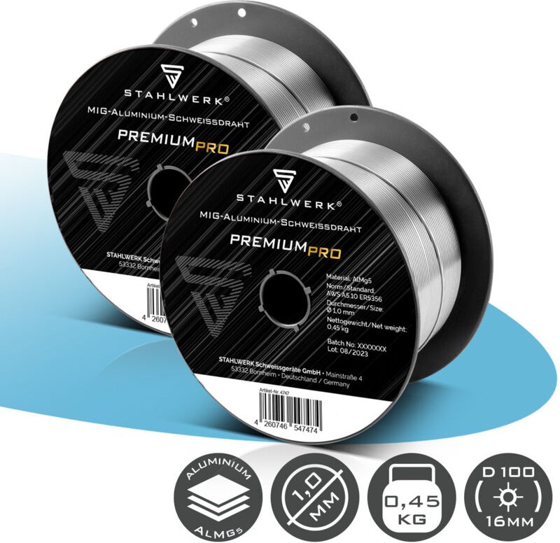 STAHLWERK 2 x Schweißdraht MIG MAG Aluminium ER5356 AlMg5 1,0 mm 0,45 kg Rolle