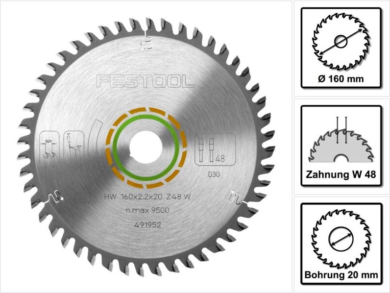 Kreissägeblatt wood fine cut hw Ø160x2,2x20 Feinzahn-Sägeblatt 491952 - Festool