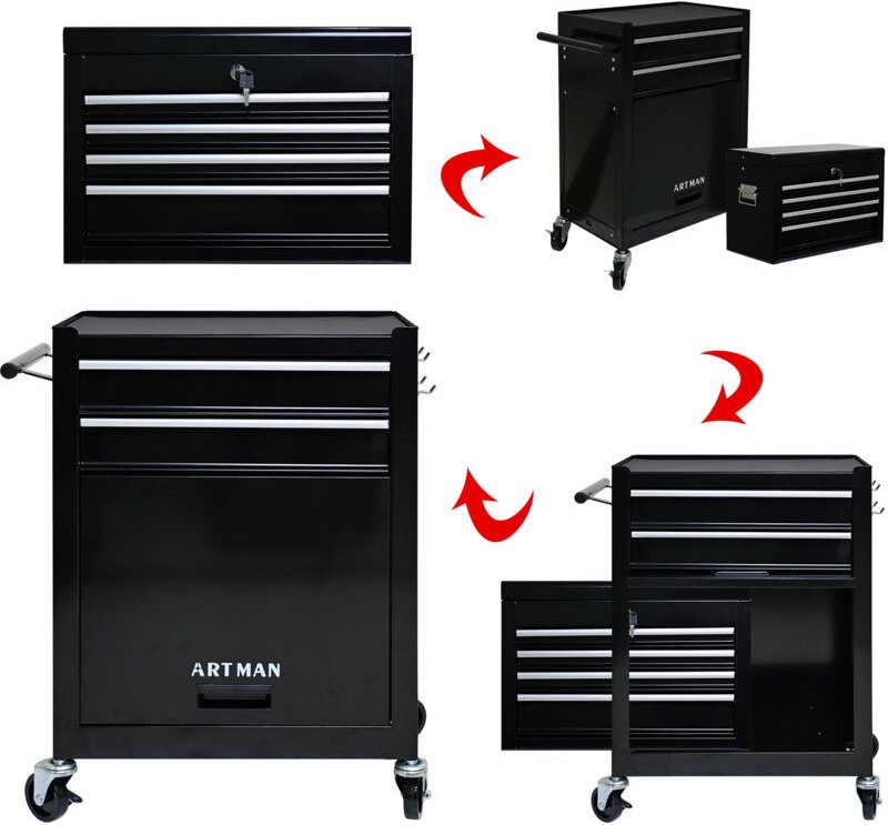 Rollbare Werkzeugtruhe mit hoher Kapazität, 6 Schubladen, Metall-Werkzeugschrank mit Rollen, Schwarz