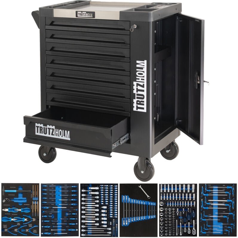Werkstattwagen mit 249 tlg. Chrom-Vanadium Werkzeug 8 Schubladen 97 x 85 x 46cm Seitentür Interlock