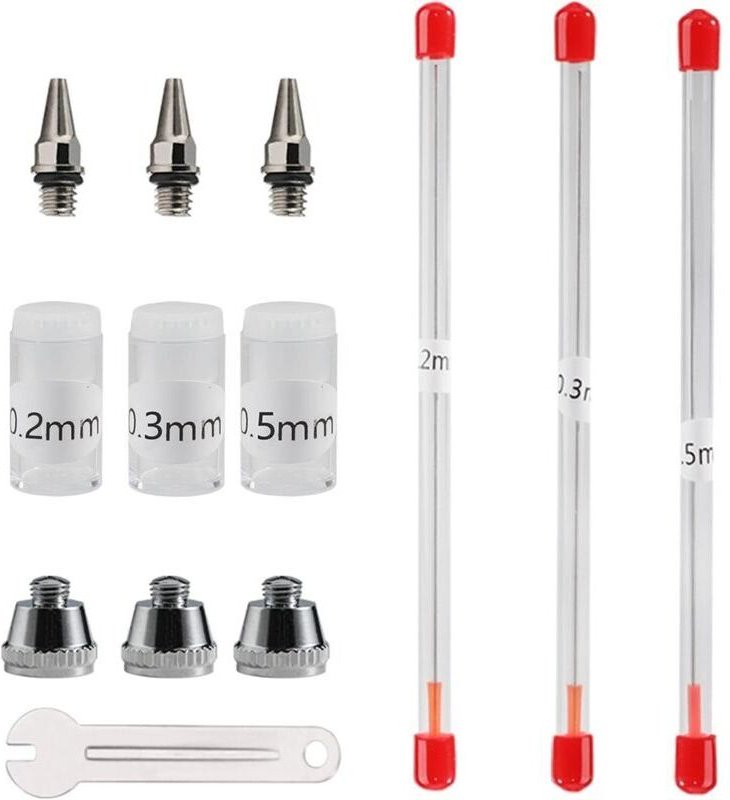 Airbrush-Düse und Nadel 0,2 mm, 0,3 mm, 0,5 mm, Ersatzteile für Spritzpistolen, Set mit verstellbarem Schraubenschlüssel
