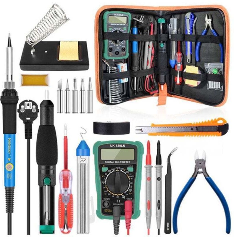 Lötset, 60-W-Lötkolben, einstellbare Temperatur 200–450 °C, Multimeter, 5 Lötspitzen, Entlötpumpe, Lötstation