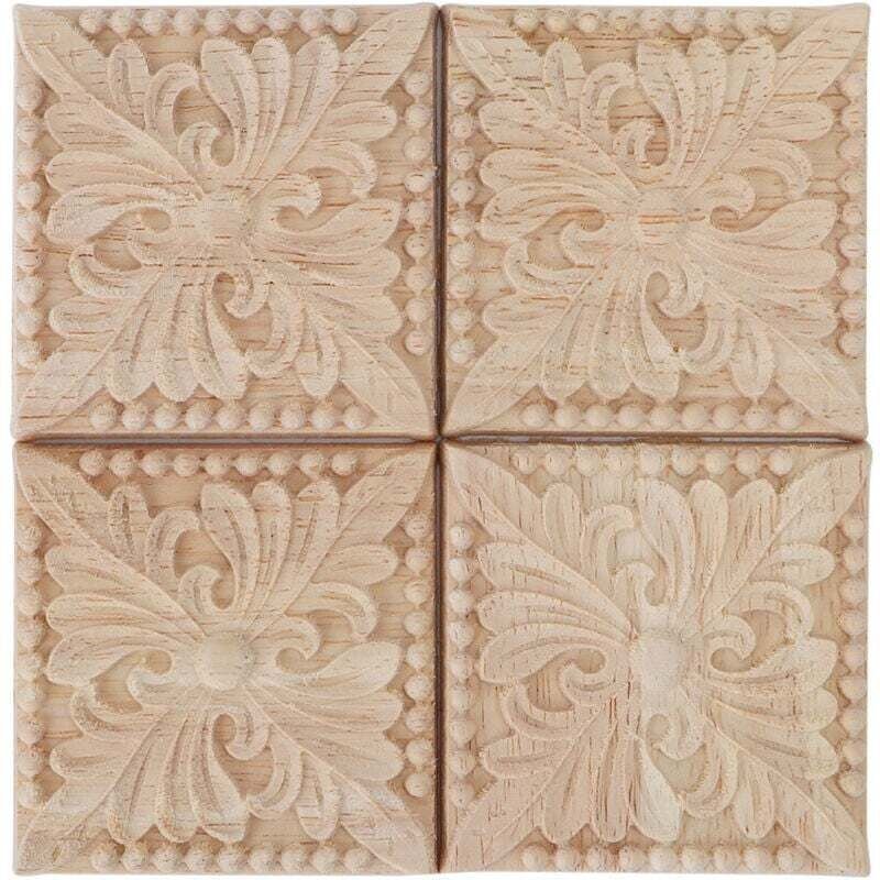 Vtizikl 4 pièces Sculpture à Carreaux Applique Non Peint Decal pour Décoration de Meubles en Bois 6x6 cm