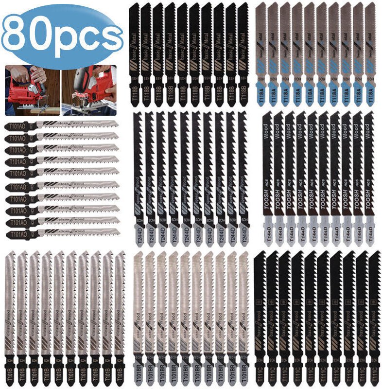 80 Stichsägeblätter mit T-Schaft, aus HCS/HSS, inklusive Aufbewahrungskoffer zum Schneiden von Holz und Kunststoff