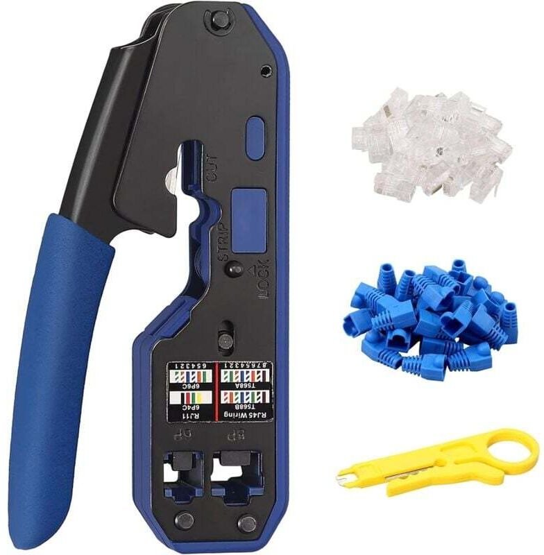 Proster RJ45 Cat5 Cat5e Cat6 Cat6a RJ-11, 6P/RJ-12, 8P/RJ-45 Crimpzange mit 50 Steckern, 50 Abdeckungen, 1 Abisolierzang...