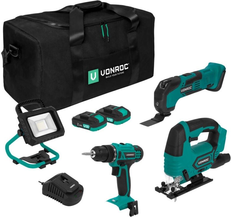 Vonroc - Werkzeugsatz/Maschinen-set 20V – Werkzeugtasche inkl.: Akkubohrer, Stichsäge, Multiwerkzeug, Arbeitsleuchte 2x ...