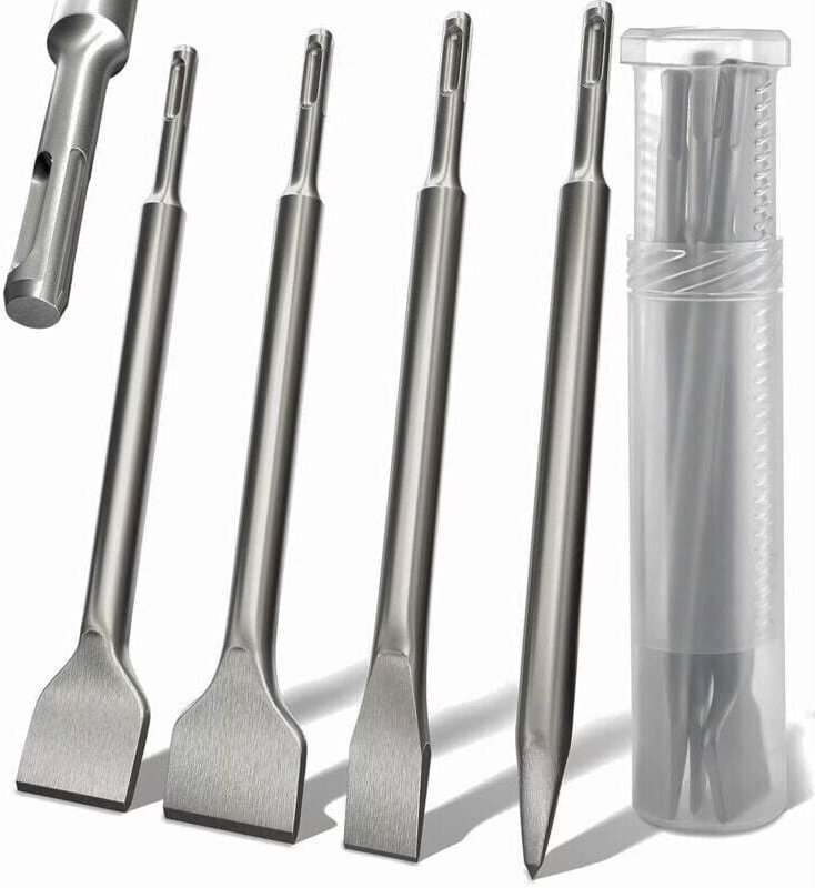 Set mit 4 SDS Plus-Meißeln – Rundgriff, Elektrohammer, Vierkant-Rundmeißel, 142 x 250 mm gebogener Meißel, extra großer ...