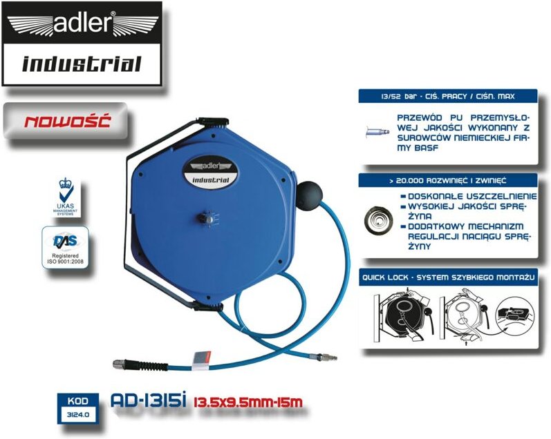 Adler przewód / wąż pneumatyczny pu 13,5x9,5mmx1 zwijak