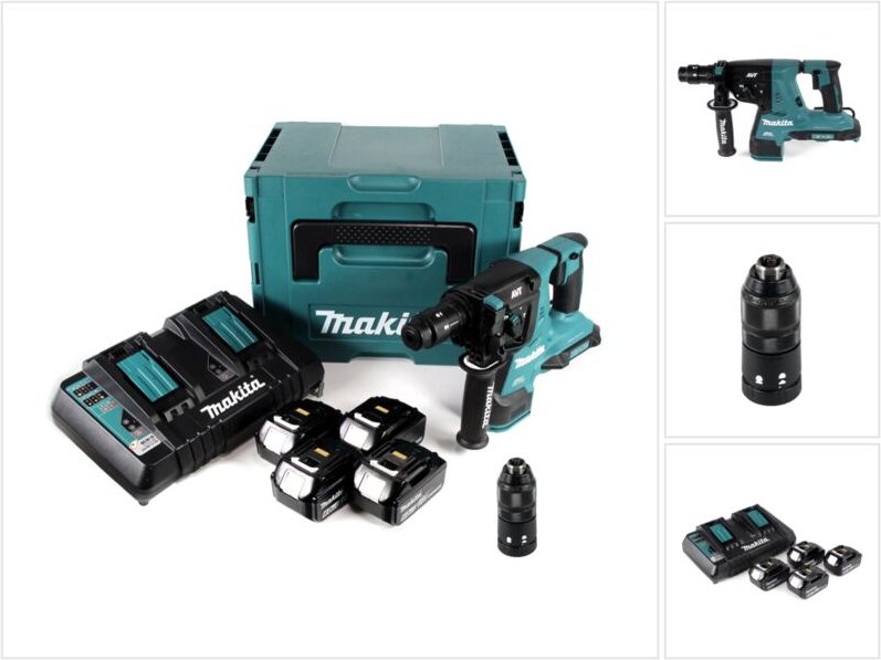 Makita DHR 281 PG4J Brushless Akku Bohrhammer 28 mm 2x 18 V für SDS-PLUS mit Schnellwechselfutter im Makpac + 4x 6,0 Ah ...
